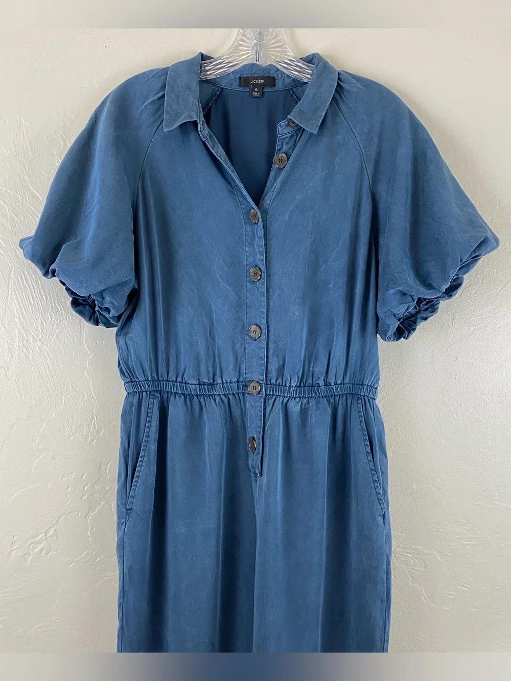 J. Crew 6 Navy Blue Button Down Puffy Short Sleeve Straight Leg Full Jumpsuit